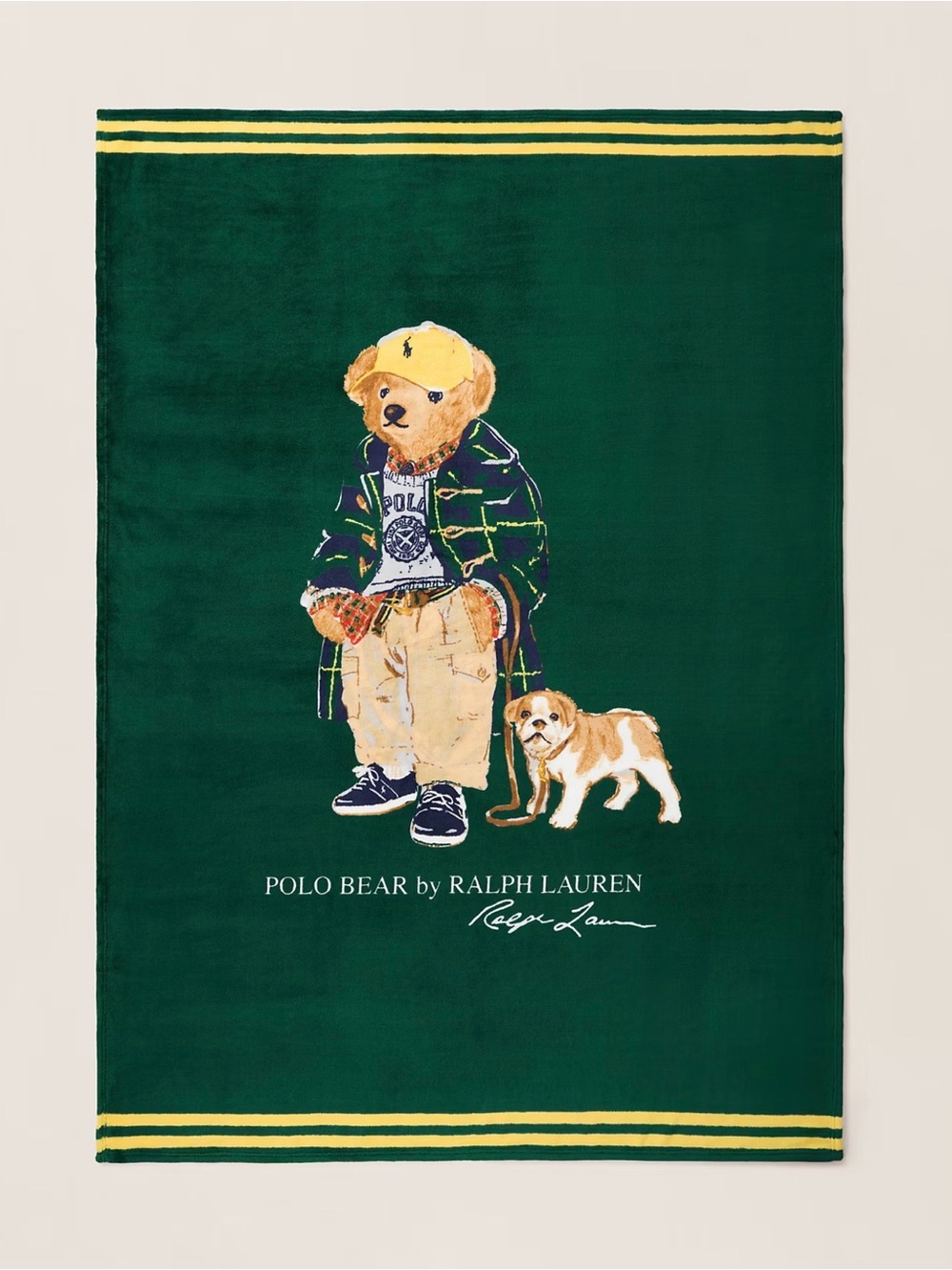 NWT POLO Ralph Lauren Green TOGGLE COAT BEAR with DOG 50” X 70” Fleece Blanket